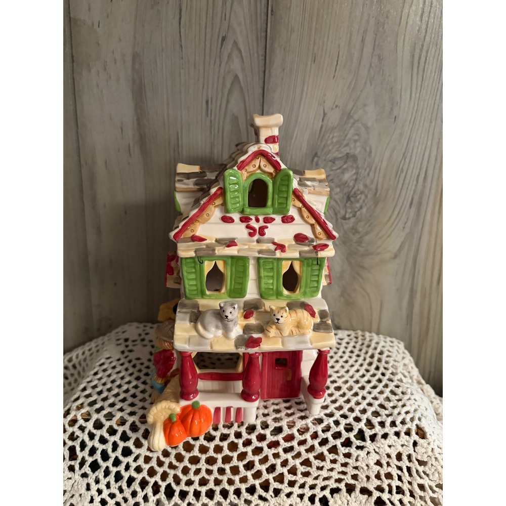 Ceramic Fall Harvest House Tea Light Holder Cats Scarecrow Pumpkin Autumn Decor